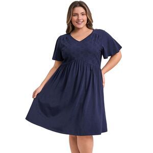 Plus Size V Neck Ruffle Sleeve Pleated Swing A-Line Wedding Dress Navy Blue